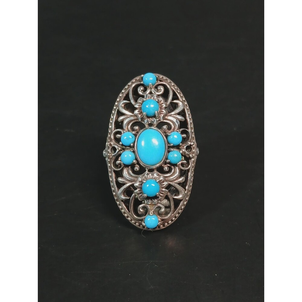 Sterling Silver 925 Turquoise Orbs Filigree Shield Ring Thailand NF Size 5.75